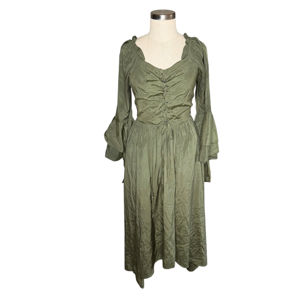 SCARLET DARKNESS Renaissance Fairy Dress Green Lace Up Bell Sleeve Women's Large